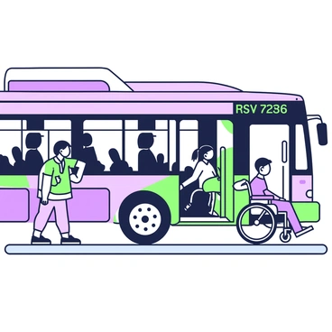 A city bus is parked at a bus stop, featuring a ramp extended for accessibility. The exterior of the bus has large windows and a bright sign displaying the route number. The doors are open, showing the interior of the bus, which has designated spaces for wheelchairs clearly marked. Inside, several seats are available, and the floor is level with the ramp, ensuring easy access. A person in a wheelchair is being assisted by a transit worker as they enter the bus. Sunlight casts shadows on the pavement, highlighting the bus's features.