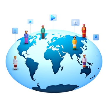 A 3D global map displaying continents and oceans with detailed topography. Various service representatives are positioned around the map, each representing different countries. Each representative is dressed in traditional attire reflecting their culture. In the background, there are various communication symbols illustrating global connectivity. The scene highlights the diversity of service roles across the globe.
