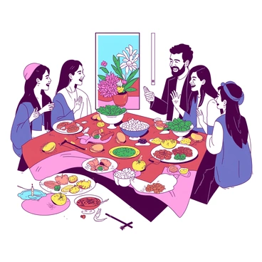 A group of people are gathered around a large, vibrant Haft-Sin table filled with various traditional foods. The table is adorned with beautifully arranged items, including "sabzeh" (sprouted greens), "samanu" (sweet pudding), and "senjed" (dried fruit). Colorful decorative elements surround the table, showcasing bright flowers and candles. The individuals are dressed in festive attire, smiling and engaging in joyful conversation as they celebrate the arrival of spring. A colorful backdrop complements the lively atmosphere of the celebration.
