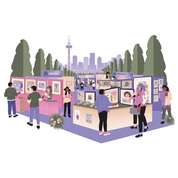 A digital flat illustration depicting a bustling art festival in Seattle. Several colorful booths are arranged across the scene, each showcasing vibrant illustrations. Artists of diverse backgrounds are engaged with festival-goers, discussing their works. The booths are adorned with hanging artworks, some framed and some displayed on easels. People of different ages and ethnicities are walking between the booths, examining the illustrations intently. In the background, a clear blue sky is visible, with tall green trees lining the edges of the festival. The Seattle skyline can be seen in the distance, featuring the iconic Space Needle. Bright flowers and greenery decorate the ground around the booths, enhancing the lively atmosphere.
