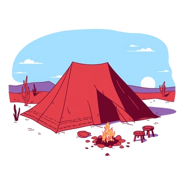 A red traditional nomadic tent is pitched on pale sand in a remote desert area. The tent has intricate patterns adorning its exterior, and a slight breeze causes the fabric to ripple gently. Surrounding the tent, there are sparse desert plants scattered across the landscape. The sky above is a gradient of blue, signaling early evening, while the sun sets in the distance, casting long shadows across the sandy terrain. A small campfire is positioned in front of the tent, with a few stones arranged around it. There are simple wooden stools nearby, emphasizing the rustic nature of the setting.