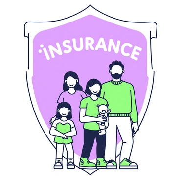 A family is standing together under a large protective shield. The shield is prominently labeled as "Insurance." The family consists of four members: a father with short hair and a beard, a mother with long hair, a young girl holding a teddy bear, and a teenage boy with glasses. They are all smiling and looking towards the viewer, conveying a sense of safety and togetherness. The shield is arched above them, creating a protective barrier, and there are soft outlines around the figures to emphasize their presence under the shield.