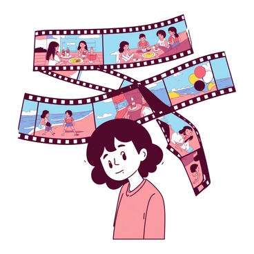 A character with dark hair and a thoughtful expression stands at the center of the image. Behind them, a series of faded scenes from their past rewind like a film strip. The first scene shows a warm family picnic with vibrant colors, while the second captures a childhood birthday party with balloons and cake. Another scene depicts a sunny day at the beach, with waves gently lapping at the shore. Each scene gradually darkens as it moves further into the background, enhancing the sense of nostalgia. The character’s gaze is focused and reflective, embodying the emotion of the memories unfolding behind them.