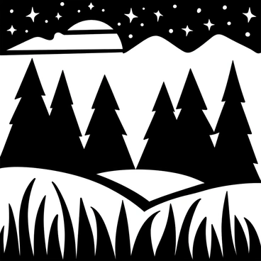 A landscape featuring dark silhouettes of tall trees against a starry night sky. The stars are scattered throughout the sky, twinkling gently. In the foreground, the outlines of grass create a subtle texture on the ground, enhancing the contrast with the trees. The overall scene conveys the vastness of the night, with the trees standing as quiet guardians of the landscape.