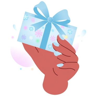 A hand with well-manicured nails is holding a gift card decorated with a vibrant festive design. The card features intricate patterns of snowflakes and stars in various colors. A shiny, oversized bow is attached at the top of the card, adding an elegant touch. The background showcases soft gradient pastel colors, enhancing the festive appeal of the scene.