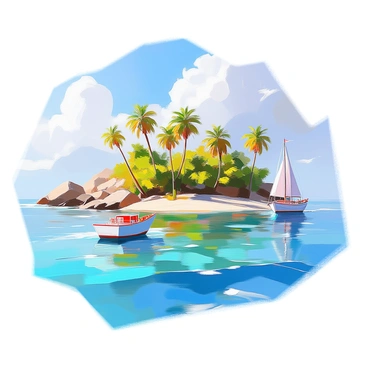 A distant view of a tropical island featuring lush greenery, palm trees swaying gently in the breeze, and sandy beaches edged by crystal-clear turquoise waters. The island has a rocky coastline with waves softly crashing against the shore. In the foreground, a lone ship with white sails is approaching the coastline, leaving a gentle wake behind it in the vibrant blue sea. The sky is clear with a few scattered clouds, highlighting the serene atmosphere of the scene.