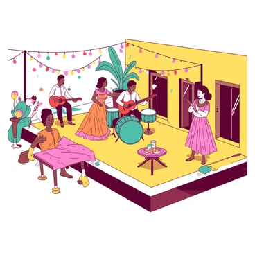 A yellow terrace is adorned with colorful decorations and vibrant lights. In the center, there are musicians playing various instruments, including a red guitar and a teal drum set. Surrounding them, dancers from different cultures are showcasing their traditional outfits and movements. One dancer wears a flowing orange dress while another sports a bright pink outfit with intricate patterns. The atmosphere is lively, with people clapping and enjoying the performance. Small tables with drinks and snacks are placed around the terrace, adding to the festive ambiance.