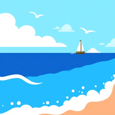 A panoramic view of the ocean with rolling blue waves crashing against the shore. In the distance, a sailing ship with white sails glides smoothly across the water. The sky is bright blue with fluffy white clouds scattered throughout. Seagulls can be seen flying above the ship, and the sunlight reflects off the surface of the water, creating a sparkling effect. The scene captures the essence of a beautiful day by the sea.