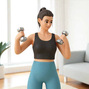A woman, wearing a fitted black tank top and blue leggings, is practicing bicep curls with two silver dumbbells in her living room. She has her hair tied back in a ponytail, and her expression is focused as she lifts the weights. The room is well-lit with natural light coming from a large window, and there is a green indoor plant in the corner. A soft beige rug is underneath her, and a light gray sofa is visible in the background.
