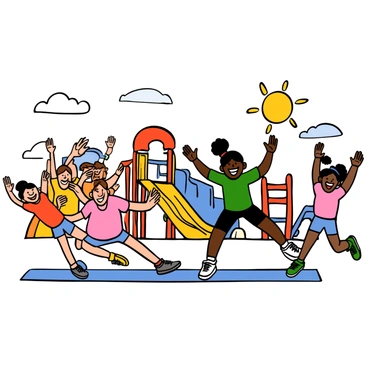 A group of children of various skin tones and hair types are energetically doing burpees on a vibrant school playground. The playground features bright equipment, including a yellow slide, red swings, and blue climbing structures. Each child is dressed in colorful athletic wear, with some wearing shorts and t-shirts, while others are in sporty dresses. The children are laughing and encouraging each other as they jump and push up, showing excitement and camaraderie. The sun shines brightly overhead, casting playful shadows on the ground.