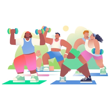 A group of four friends is engaged in a fun workout session in a park. Two friends, one with dark skin and short hair, and another with light skin and long brown hair, are lifting colorful dumbbells above their heads. The third friend, with medium skin and curly hair, is performing squats with a pair of blue dumbbells, while the fourth friend, with tan skin and a ponytail, is doing lunges in the background. They are surrounded by green grass and trees, and there are bright exercise mats laid out beneath them. The sun is shining down, creating a warm and inviting atmosphere. Each friend is wearing casual workout clothes, showcasing a variety of colors and styles.