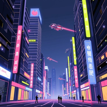 A neon-lit cyberpunk city with towering skyscrapers and flying vehicles