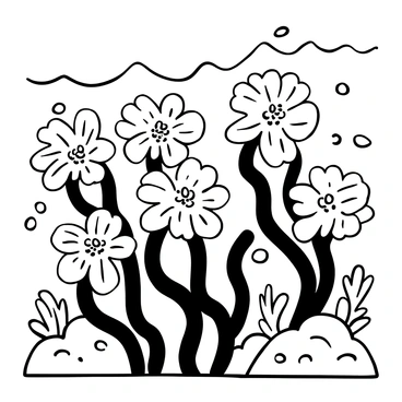 A cluster of "coral flowers" surrounded by flowing "ocean currents." The flowers have detailed petals with intricate designs and textures, gently swaying in the water. Bubbles rise around them, adding to the sense of movement. The background features rolling waves and various shapes of rocks, enhancing the underwater scene.