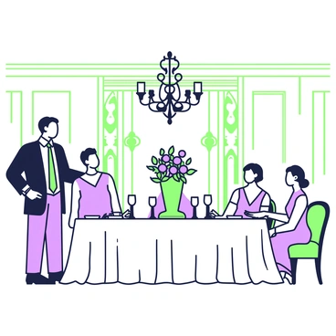A lavish dining room is set for a sophisticated dinner party. A long, elegantly set table occupies the center, adorned with fine china and polished silverware. Crystal glasses reflect the light from an ornate chandelier above. Around the table, elegantly dressed guests engage in conversation. A man in a tailored suit stands, gesturing as he speaks, while a woman in a flowing gown sits beside him, smiling. A tall vase filled with fresh flowers is placed at the center of the table. The walls of the dining room are intricately decorated with molding and artwork. A decorative fireplace adds warmth to the scene.