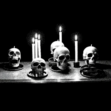 A wooden table is set in a dimly lit room. On the table, there are multiple skull-shaped candles, each one detailed with intricate designs to resemble human skulls. The candles are lit, with flames flickering softly, casting shadows that dance across the surface of the table. The surrounding darkness enhances the glow of the candles, creating a mysterious atmosphere.