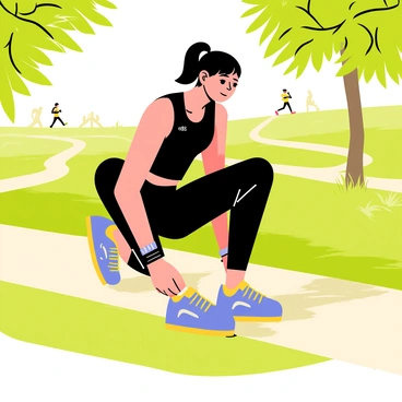 A runner crouched down on a grassy surface, tying their brightly colored running shoes. The shoes are a vibrant mix of blue and yellow with reflective details. The runner is wearing a fitted black athletic outfit, with sweatbands on their wrist. Their hair is pulled back in a neat ponytail. Sunlight filters through nearby trees, casting dappled shadows on the ground. In the background, there are running trails winding through a park, and a few people can be seen jogging in the distance.