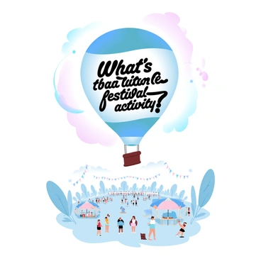 A colorful hot air balloon is drifting gracefully in the sky. The balloon features a vibrant pattern of assorted pastel colors. Below it, a large, festive gathering is taking place, with numerous tents and booths set up for the festival. People are walking around, engaging in activities, and enjoying various foods. A banner hanging from the balloon reads "What’s your favorite festival activity?" in bold letters. The background is filled with fluttering flags and decorations, enhancing the lively atmosphere of the scene.