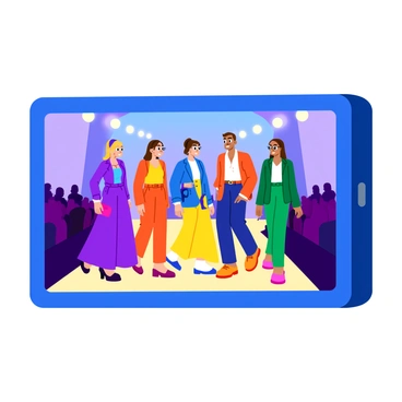 A digital screen displaying a virtual fashion show with models wearing template designs.