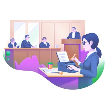 A court stenographer is sitting at a wooden desk, focused on a shorthand typewriter as she types rapidly. She is wearing glasses and has her hair neatly pulled back. In the background, a judge is seated at a raised bench, wearing a black robe, and several attorneys are present at their tables. The courtroom is filled with wooden paneling and has a large window letting in soft light. A stack of legal documents is placed nearby, and a gavel rests on the judge's bench.