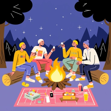 A group of four friends sitting on wooden logs around a campfire with bright orange flames. Each friend is holding a stick with a marshmallow skewered on the end, roasting it over the fire. One friend is laughing while sharing a story, and another is leaning in with a smile, listening intently. The night sky is filled with twinkling stars, and the trees surrounding the campsite are silhouetted against the glow of the fire. Nearby, a picnic blanket is spread out with snacks and drinks scattered on it.