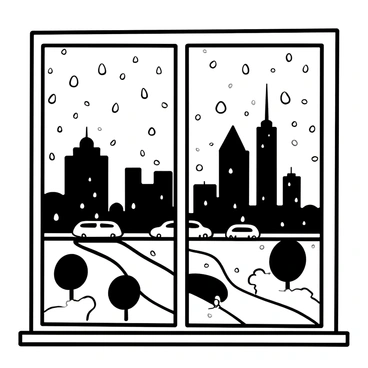 A window with numerous raindrops settled on its surface, distorting the view of a cityscape beyond. The city skyline features tall buildings, some with antennas and others with various architectural designs. The blurred outlines of vehicles can be seen moving along the streets, along with the silhouettes of trees swaying slightly in the wind. The overall scene conveys a sense of calm, with the raindrops adding texture to the window pane.