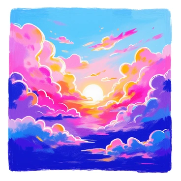 A vast sky filled with dramatic cloud formations is painted in rich hues of orange, pink, and purple as the sun sets. The clouds are billowing and layered, casting shadows on each other. Wisps of lighter clouds contrast with the darker, more voluminous ones. The last light of the day highlights the edges of the clouds, creating a radiant glow that enhances their texture and shapes. Below the clouds, the horizon is slightly dimmed, suggesting the approach of night.