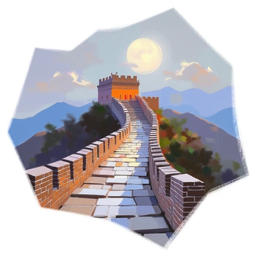 The Great Wall of China stretches across the rugged mountain landscape, illuminated by soft silver moonlight. The ancient stones of the wall create a strong texture, casting long, eerie shadows that dance across the ground. The surrounding mountains rise sharply in the background, their silhouettes softened by the glow of the moon. Wispy clouds drift in the night sky, partially obscuring the moon and adding a mystical quality to the scene. The atmosphere is tranquil yet haunting, with the vastness of the wall demonstrating its grandeur against the darkened landscape.