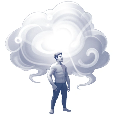A hero stands with closed eyes, surrounded by a swirling mist. The mist forms intricate patterns that suggest movement and depth. The hero is depicted with an expression of concentration, as if absorbed in the experience. Light emanates from the center of the cloud, casting soft shadows on the hero's face and clothing. The surroundings are indistinct, drawing the viewer's focus solely to the hero and the swirling mist.