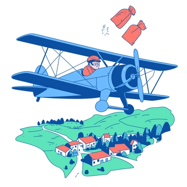 A blue biplane is soaring through the sky, with a determined pilot in the cockpit. The pilot is wearing a leather aviator cap and goggles, with a focused expression on their face. As the biplane flies over a quaint village, the pilot is tossing orange mailbags out of the cockpit. Below, the village features small houses with red roofs and winding streets, surrounded by lush green fields. The scene captures the moment of mail being delivered from the air, with the mailbags appearing in mid-air as they fall towards the ground.