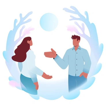 A young woman with long brown hair is standing in a forest under a bright moonlight. She is wearing a simple long-sleeve shirt and jeans. Her body is slightly turned as she looks at a young man standing in front of her. The young man has tousled dark hair and is dressed in a casual button-up shirt and jeans. His posture is confident, and he is gesturing with one hand as he reveals his true nature. The surrounding trees cast intricate shadows in the soft moonlight, creating a mysterious atmosphere. The background is filled with gradient pastel colors blending softly in the night sky.
