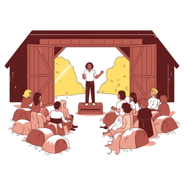 A sermon being preached in a rustic barn, with hay bales serving as makeshift pews