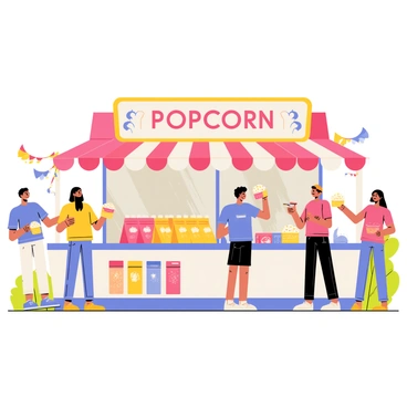 A fun popcorn kiosk with a bright red and white striped canopy, featuring a large sign that reads "Popcorn" in bold, playful letters. The kiosk is filled with bags of popcorn in a variety of vibrant colors, including yellow, pink, and blue, alongside a selection of colorful toppings displayed in clear containers. Several people of different ages are gathered around the kiosk, some holding bags of popcorn while others are choosing their toppings. In the background, colorful carnival rides and decorations can be seen, contributing to the lively atmosphere of the scene.