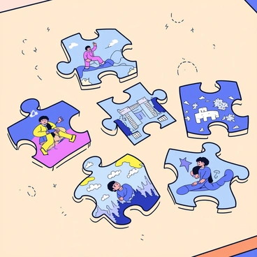A puzzle with various pieces laid out on a light wooden table. Each puzzle piece features distinct scenes that depict a character's backstory. One piece shows a mountain landscape with a character climbing, while another illustrates a bustling city street with the character interacting with other figures. Additional pieces reveal a peaceful forest setting where the character reflects, and a dramatic scene with a storm, representing challenges faced. The pieces are partially assembled, with a few connected at the edges, indicating progress in piecing together the character's journey.