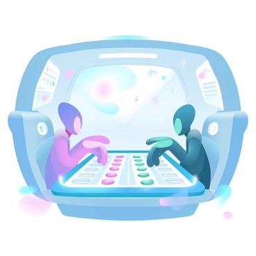 Two aliens sit across from each other at a futuristic backgammon board inside a spaceship. The aliens have vibrant, multicolored skin and elongated limbs. The board is intricately designed with glowing edges and colorful game pieces. The interior of the spaceship is filled with advanced technology, with control panels and large windows showing stunning views of distant stars and swirling galaxies. A soft, ambient light fills the space, enhancing the cosmic atmosphere around them.