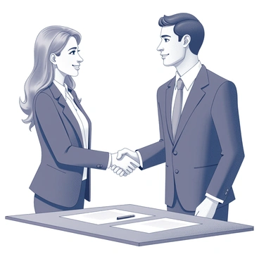 Two businesspeople are standing opposite each other, both wearing formal attire. One person, a man, is dressed in a dark suit with a crisp white shirt and a tie, while the other, a woman, is wearing a tailored blazer and a blouse. They are engaged in a handshake, symbolizing a successful agreement. In the background, a wooden table is visible with a few documents and a pen laid out, indicating a recently signed contract. The expressions on their faces reflect professionalism and satisfaction as they solidify their partnership.