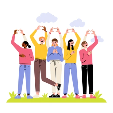 A group of friends forming a heart shape with their hands while laughing together outdoors.