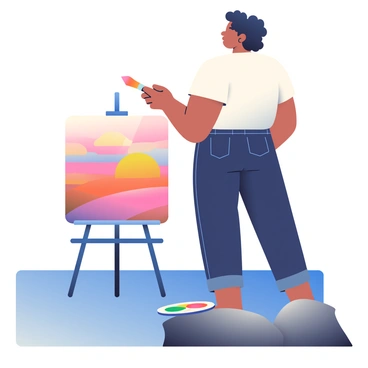 An artist with light brown skin and curly hair is standing on a rocky cliff, holding a paintbrush in their right hand. They are wearing a short-sleeve white shirt and dark blue jeans. In front of them, an easel holds a canvas that captures the vibrant colors of a sunset, which shows shades of orange, pink, and purple blending together in the sky. The artist's palette, filled with various paint colors, is resting on a nearby rock. The ocean below reflects the warm hues of the sunset, while a gentle breeze is ruffling the artist's hair.