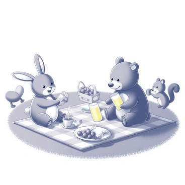 A grassy picnic area under a clear sky. A variety of cartoon animals are gathered, including a rabbit, a bear, and a squirrel. The rabbit is sitting on a checkered blanket, holding a sandwich, while the bear is pouring lemonade into cups. The squirrel is standing on its hind legs, reaching for a bunch of grapes on a platter. Nearby, a picnic basket is open, revealing fruits and snacks. The animals are interacting joyfully, creating a lively atmosphere. There are trees in the background, providing shade to the scene.