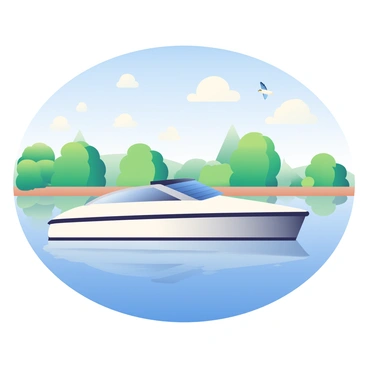 A sleek, modern boat equipped with shiny solar panels on its roof is gliding smoothly across a calm lake. The boat has a white hull and minimalistic design, reflecting the sunlight. The water is a clear blue, with gentle ripples radiating from the boat's movement. In the background, there are green trees lining the shore, their reflections visible on the surface of the lake. Above, the sky is bright blue with a few fluffy white clouds scattered across. A small bird is flying overhead, adding a sense of life to the scene.