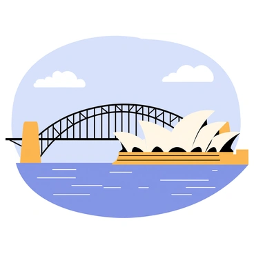 The Sydney Harbour Bridge is a large, steel arch bridge with distinctive multiple arches. Beside it, the Sydney Opera House features its iconic white, sail-like roof structure. Both landmarks are positioned against a clear blue sky, highlighting their architectural details. The scene captures the vibrant atmosphere of Sydney, with a few fluffy white clouds softly floating above. Below, the waters of the harbour shimmer in the sunlight, reflecting the structures above.