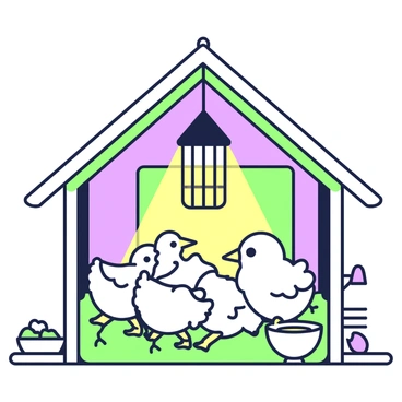 A small wooden coop is filled with several baby chicks huddled together for warmth. In the center of the coop, an infrared heating lamp is mounted from the ceiling, casting a warm glow over the chicks. The lamp has a protective metal cage around it. The chicks have fluffy feathers in various shades and are peeping softly. The floor of the coop is covered with straw, and there are small bowls of feed and water placed at the corners. A few wooden perches are along the sides of the coop, and the walls are lined with gentle light from the lamp above.