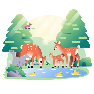 Various woodland animals are gathered around a small pond in the heart of a forest. A family of deer, with a spotted fawn standing close to its mother, is drinking from the clear water. To the left, a fluffy gray rabbit is nibbling on some green grass near the pond's edge. A bright red cardinal is perched on a low-hanging branch above the water, while a small family of ducks swims peacefully in the pond. Surrounding the scene are tall, lush green trees with sunlight filtering through the leaves, creating dappled patterns on the ground. Ferns and wildflowers add color to the landscape, completing the tranquil woodland setting.