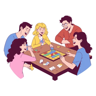 A warm room with soft lighting has a wooden table in the center. Around the table, there are four family members, each with joyful expressions. A man with dark hair is sitting on one side, leaning slightly forward. He is holding a blue game piece in his hand, ready to make a move. A woman with blonde hair, sitting across from him, is smiling widely, her hands resting on the table as she engages with the game. On one side, a young girl with curly brown hair giggles, clutching a yellow card in her hands. Beside her, a teenage boy with glasses is laughing, his arms crossed, clearly enjoying the moment. Various colorful game pieces and cards are spread out on the table, creating an inviting and fun atmosphere for family interaction.