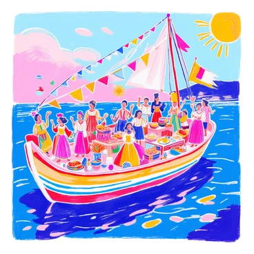 A boat is fully decorated for a party, floating on water. People of various ethnicities are dressed in colorful traditional costumes, showcasing the diversity of cultures. Some individuals are dancing joyfully, while others are clapping and cheering. Banners and flags representing different nations are hung around the boat. Tables are set with an array of traditional foods from various cultures, and there are musical instruments scattered about. The sun is shining brightly, adding vibrancy to the festive atmosphere.