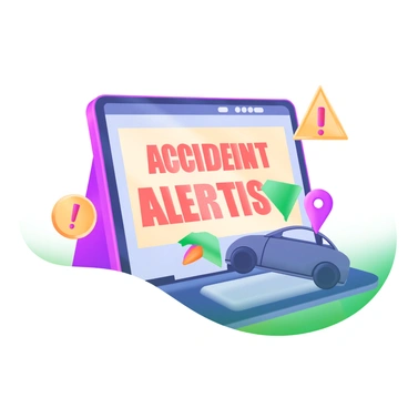 A digital alert system displaying a notification about a nearby car accident. The screen shows the words "Car Accident Alert" in bold, red letters. Surrounding the screen are various icons, including a flashing red light, an exclamation mark in a triangle, and a map pin indicating a location. There is a depiction of a car silhouette with a caution symbol nearby, emphasizing the urgency of the alert.