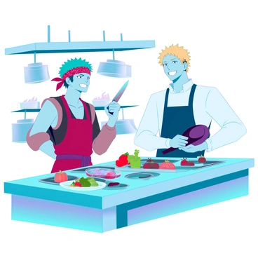 Zoro, a tall man with green hair tied in a bandana, stands next to a counter filled with various ingredients. He has a frustrated expression and is raising a knife in one hand, pointing it at Sanji. Sanji, a blonde man with a neatly styled hair and a chef's uniform, smirks while holding a frying pan, ready to defend his culinary skills. The kitchen is bright and modern, with pots hanging from the ceiling and a stove with flames gently flickering. Various colorful vegetables and spices are scattered around them, adding to the lively atmosphere of their playful argument.