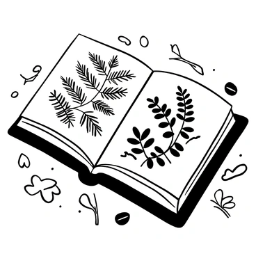 A vintage flower press, made of worn wood, is open and displaying an array of carefully preserved fern leaves. The fern leaves are arranged neatly on the pages, showcasing their intricate patterns and details. Surrounding the flower press, there are small, scattered petals and twigs, hinting at the botanical journey taken to create this collection. The background features an old, textured table surface, adding to the nostalgic atmosphere of the scene.