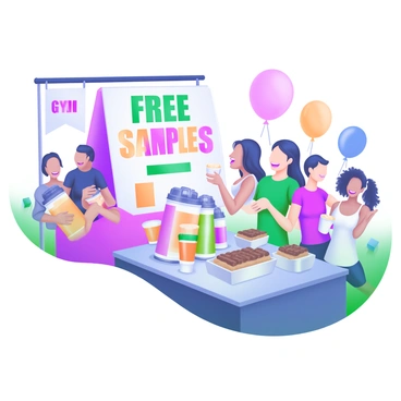 A modern pastel illustration depicting a lively gym opening event. In the foreground, there is a table with a large sign that reads "Free Samples" in bold, colorful letters. The table is adorned with various protein shake bottles in vibrant colors and a selection of protein bars, neatly arranged in small containers. Surrounding the table are excited attendees, including a diverse group of people smiling and interacting. Some are holding sample cups, while others are enjoying the protein bars. In the background, balloons and a banner celebrating the gym opening can be seen, adding to the festive atmosphere.