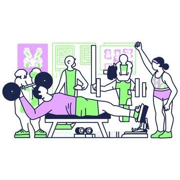 A retro gym scene from the 1960s features several people performing skull crushers. In the center, a muscular man with short hair lies on a bench pressing a barbell, focusing on his form. To his right, a woman with a headband and a colorful tank top is also performing the exercise, her arms extended above her head. In the background, a group of people are seen using various gym equipment, such as dumbbells and leg press machines. The gym walls are adorned with vintage fitness posters and there are weights scattered on the floor around them. The floor is covered with a patterned mat typical of that era.