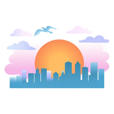 A large mural displays a vibrant city skyline silhouetted against a sunset, showcasing tall buildings with varying architectural designs. The sky is filled with gradient pastel colors transitioning from deep orange to soft pink and lavender. Above the skyline, a flock of birds is in flight, their wings outstretched as they soar across the colorful sky. The scene captures the dynamic energy of the city while the warm hues of the sunset create a striking visual contrast.